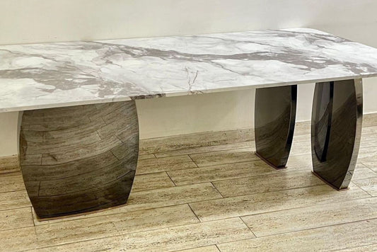 Ellipsia white-grey marble dining table, dual elliptical metallic pedestals

