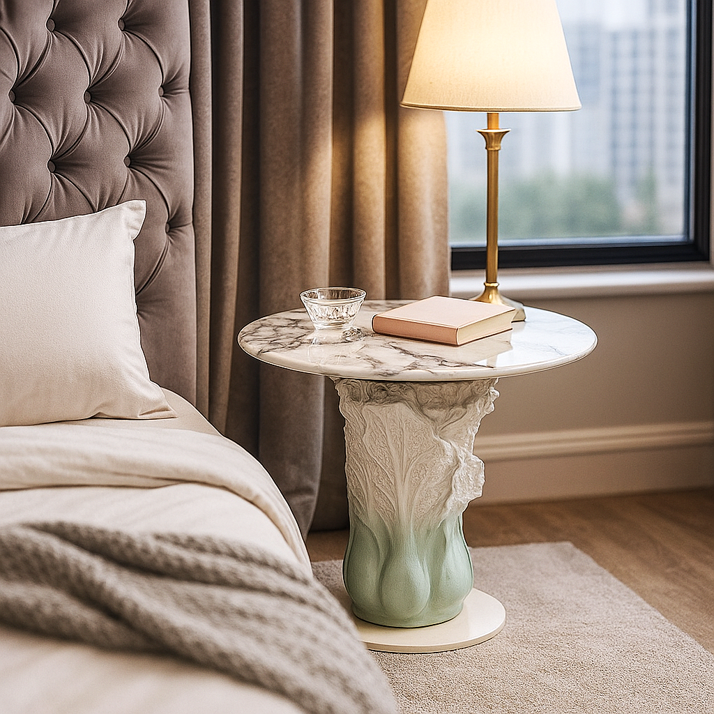 Marble-topped luxury side table with jade-toned sculptural ceramic base inspired by botanical roots.

