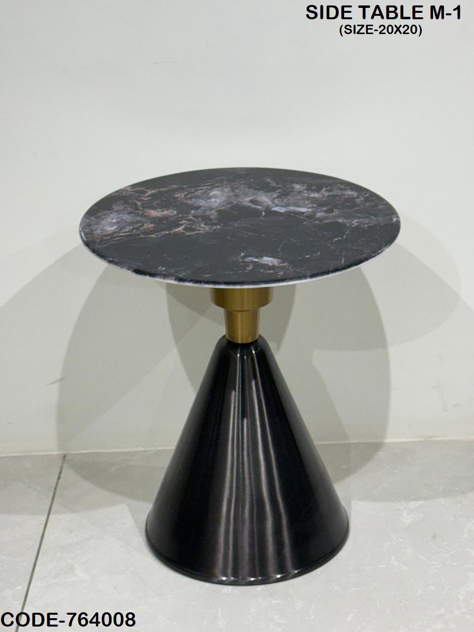 Round side table with marble top and black base on a white background