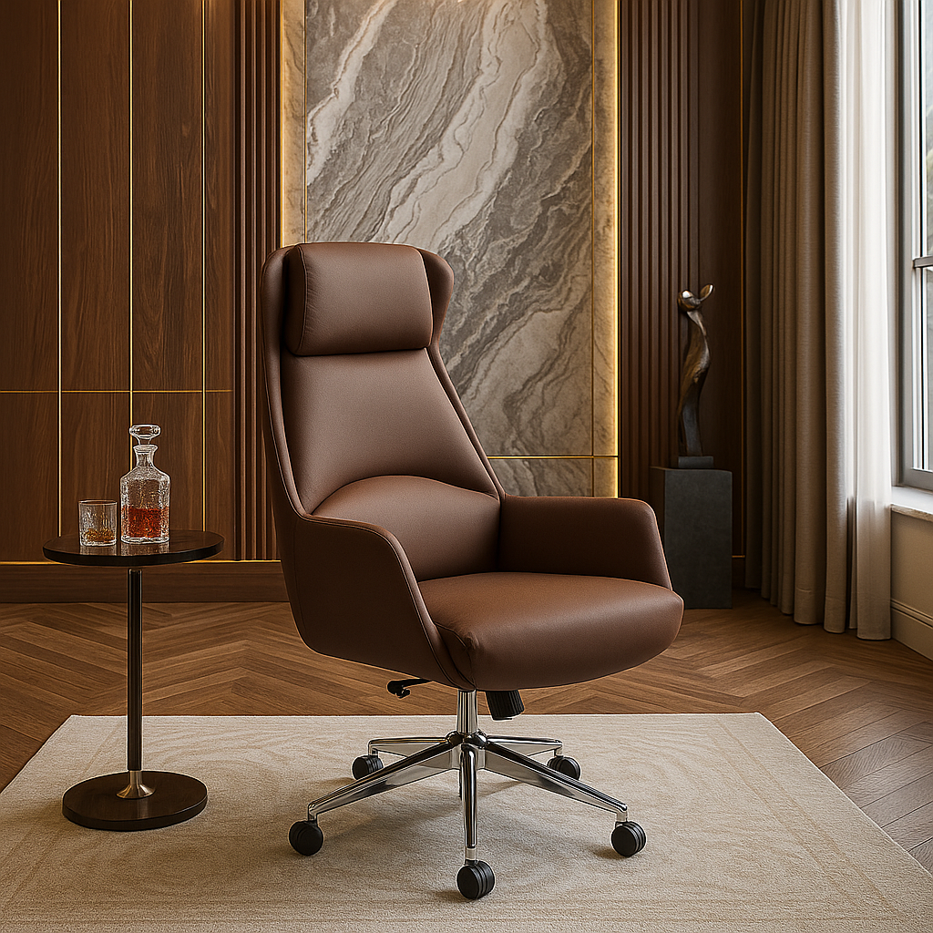 Brown leather office chair in a stylish room with marble wall and side table.