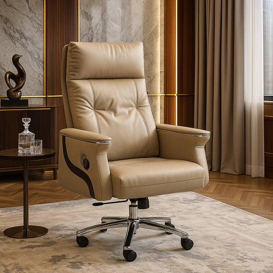 Beige Executive Office Chair with Black Detailing and Chrome Base