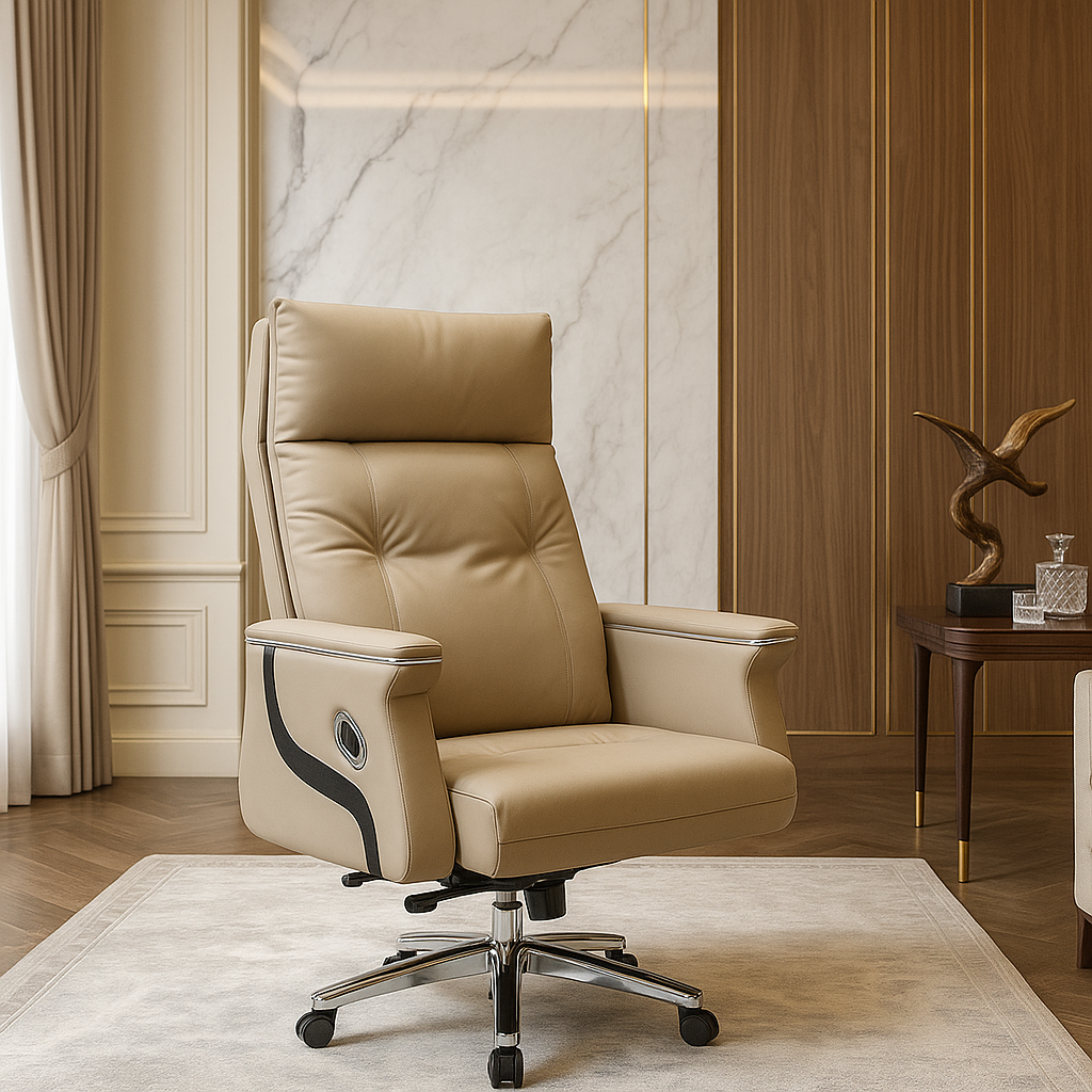 Beige leather office chair in a luxurious room with marble wall and wooden panel.