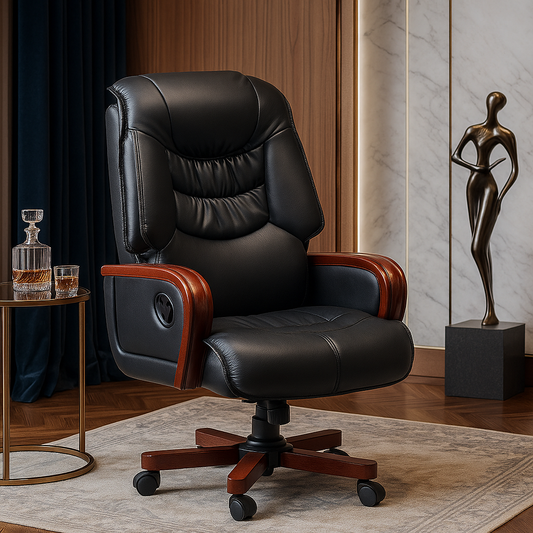 Black leather office chair with wooden accents in a room setting.