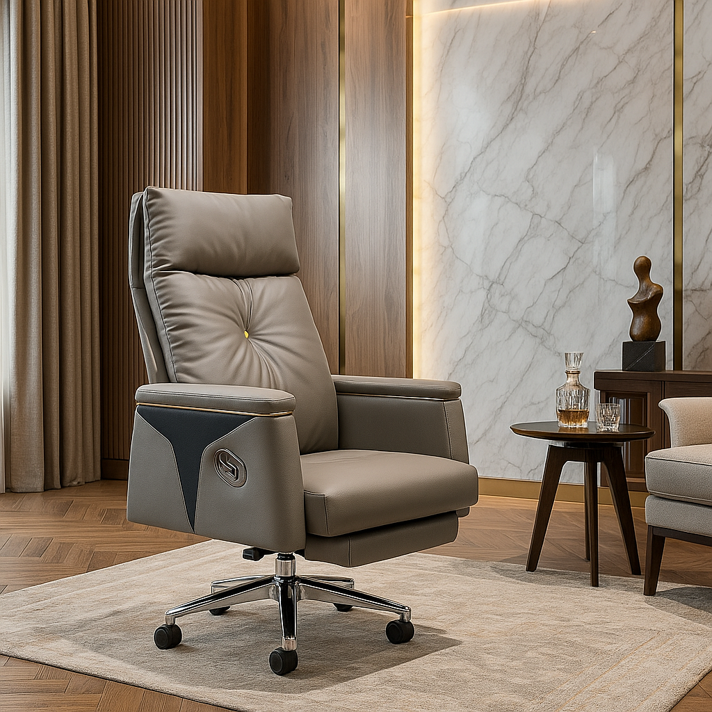 Gray recliner chair in a stylish room with marble wall and wooden side table.