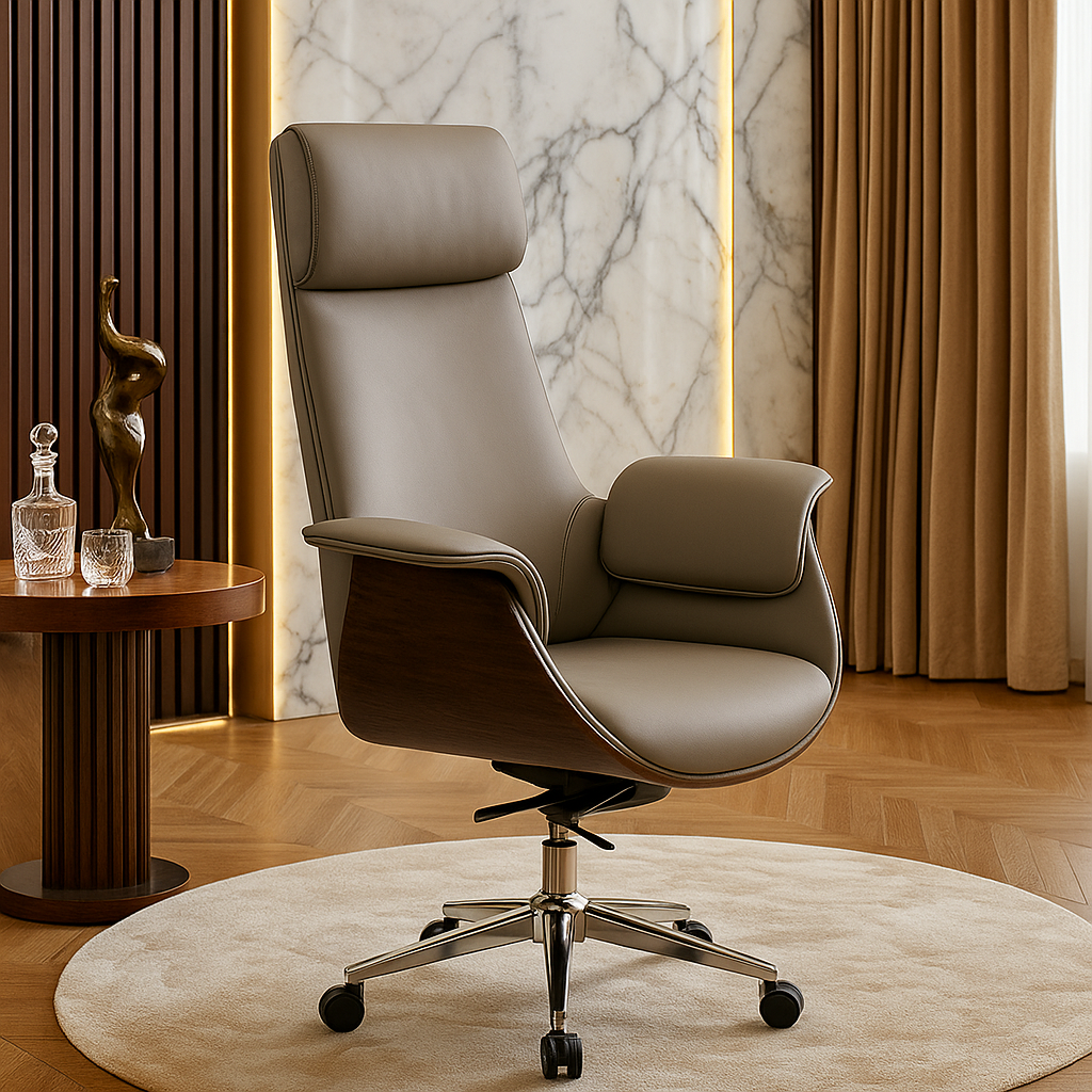 Brown leather office chair in a stylish room with marble wall and wooden floor.