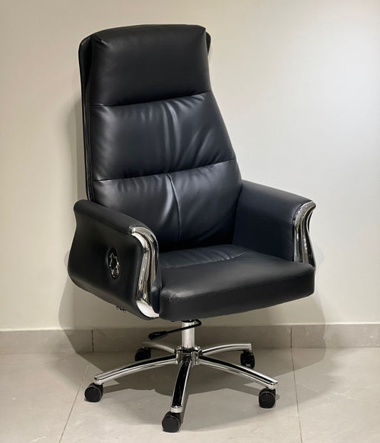 Black high-back revolving executive office chair with chrome base and padded armrests