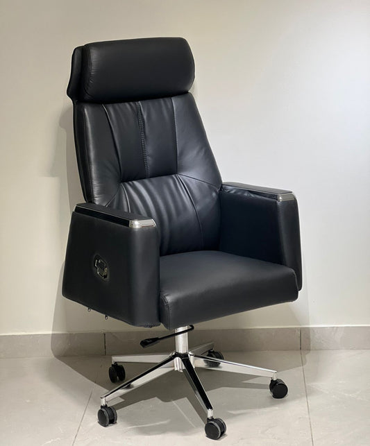 Black high-back executive revolving office chair with chrome base and padded armrests