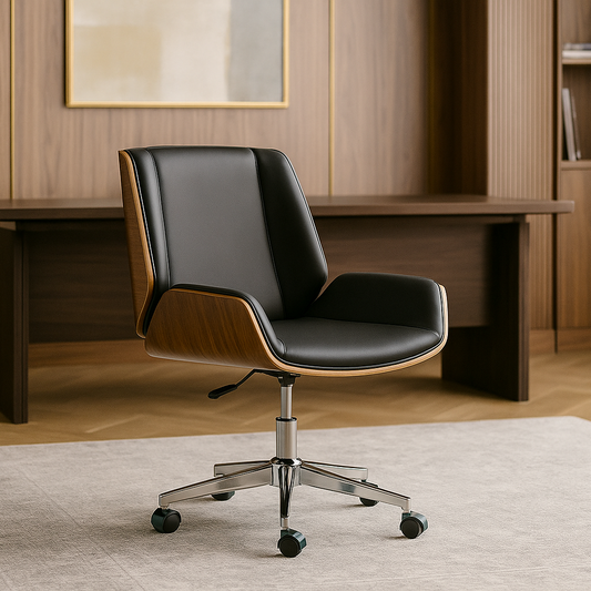 Black office chair in front of a wooden desk in an office setting