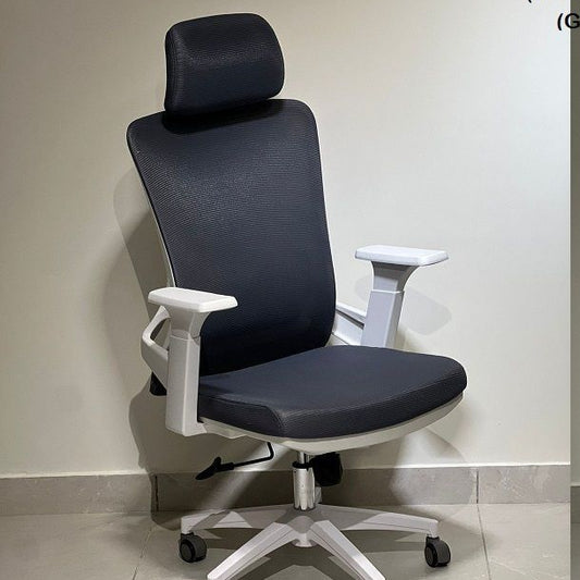 High-back grey ergonomic office chair with white frame and headrest