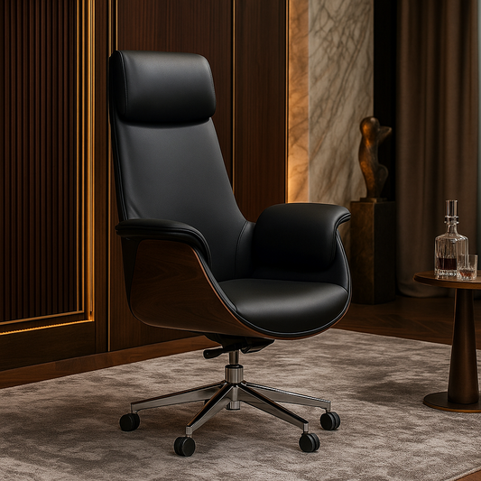Black Executive Chair with Walnut-Finish Shell and Chrome Base