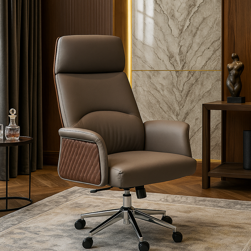Brown leather office chair in a stylish room with marble wall and side table.