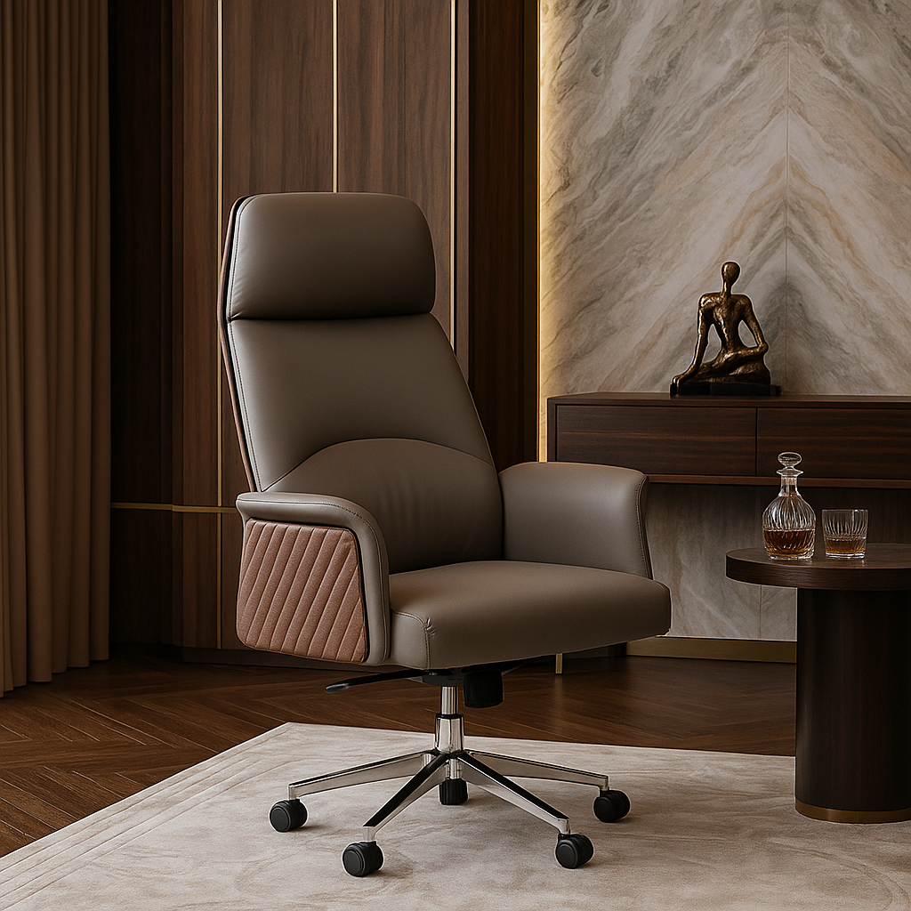 Brown leather office chair in a stylish room with a table and decorative items.
