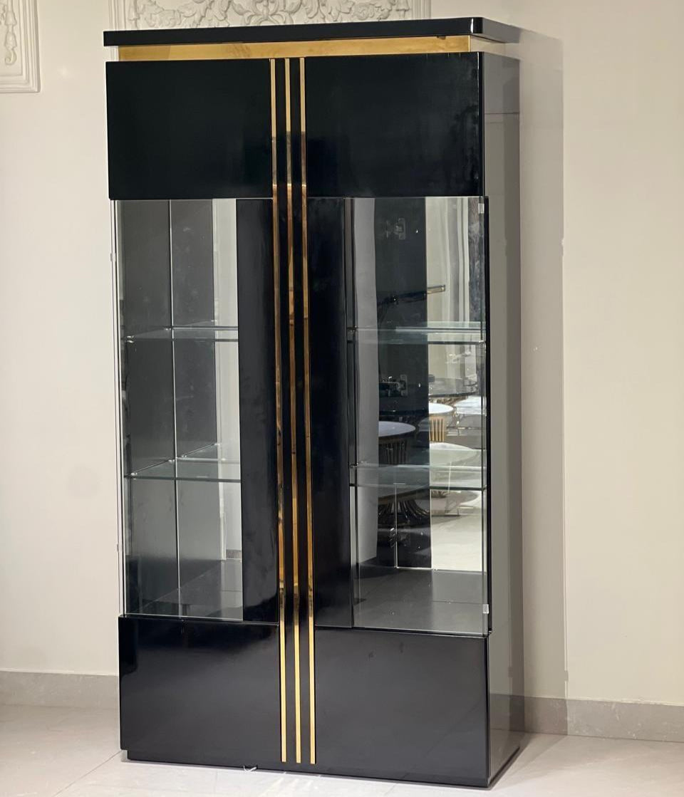 Luxury black and gold striped display cabinet with glass doors – TAS Living