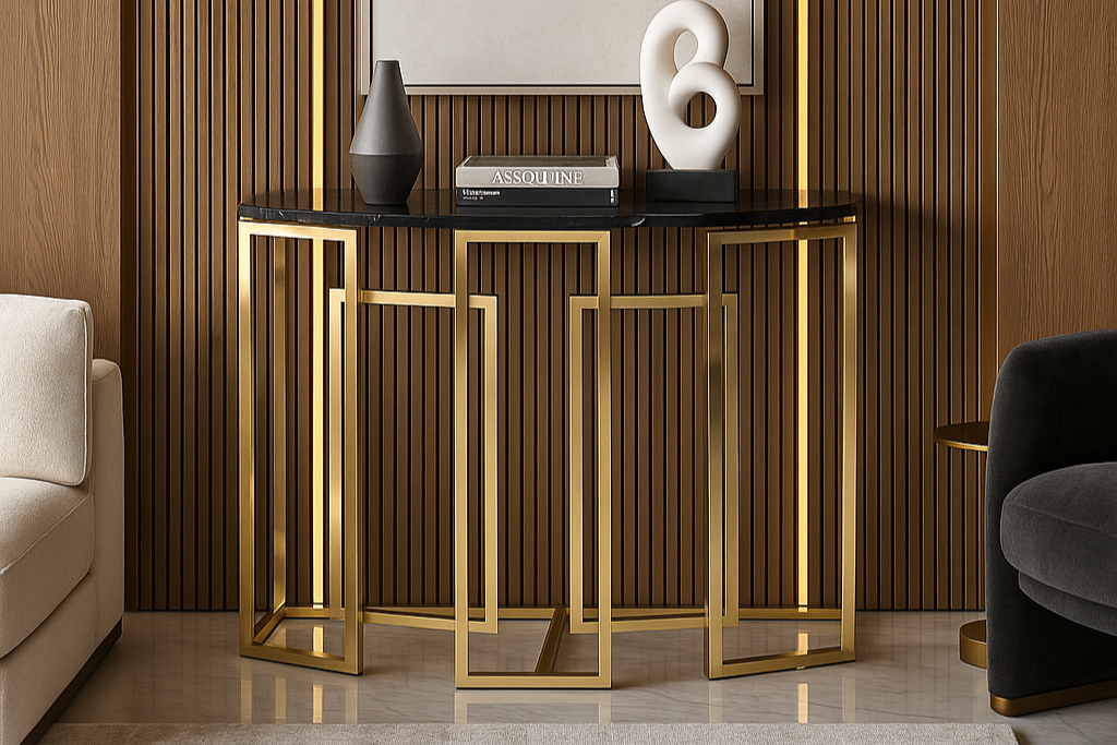 Modern console table with decorative items against a striped wall in a stylish room.