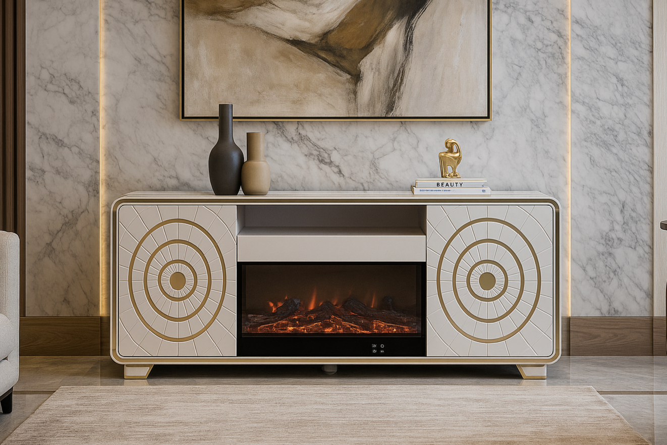 Modern entertainment console with electric fireplace in a living room setting.