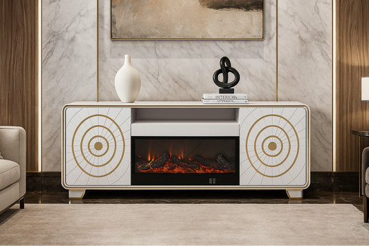 Modern entertainment console with electric fireplace in a stylish room.