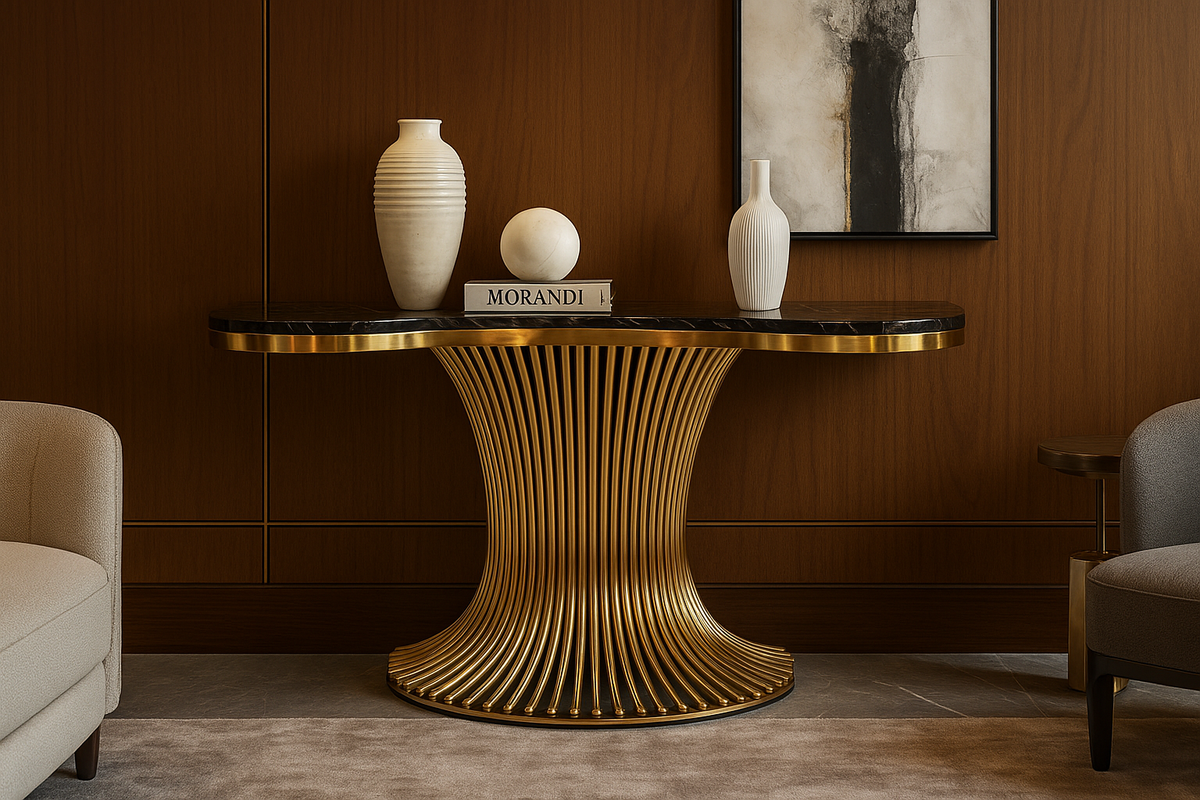 Gold side table with decorative items against a brown wall