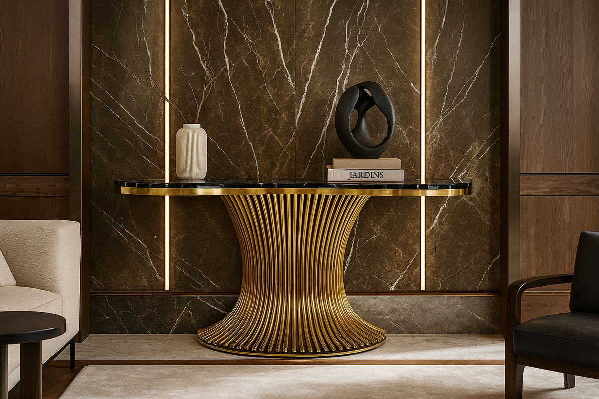 Decorative console table with a marble wall and chairs in a room.