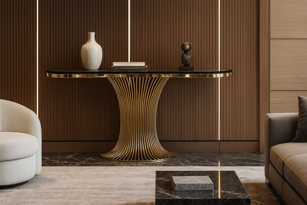 Modern interior with a stylish console table, armchair, and sofa against a wooden wall.