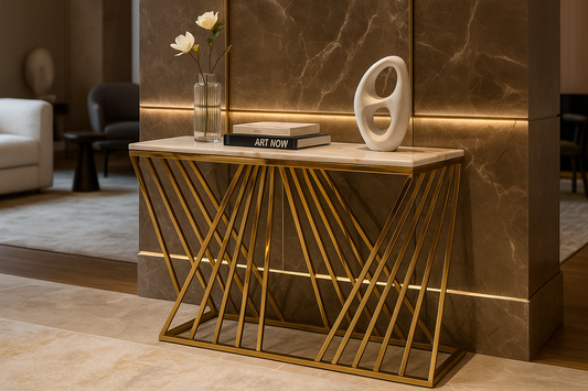 Decorative console table with gold geometric design in a room setting.