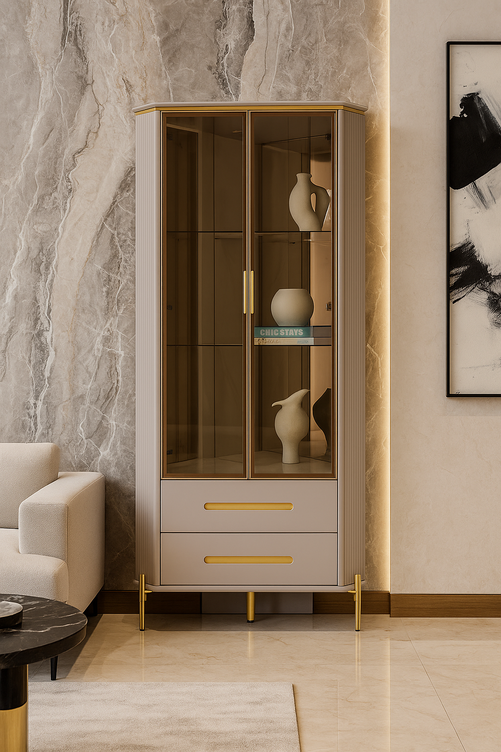 Modern cabinet with glass doors and gold accents in a stylish room.