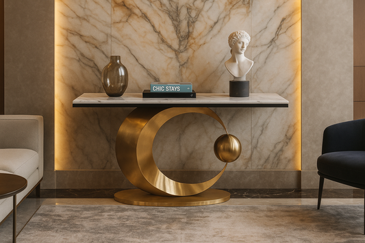 Modern interior with a gold side table and marble wall