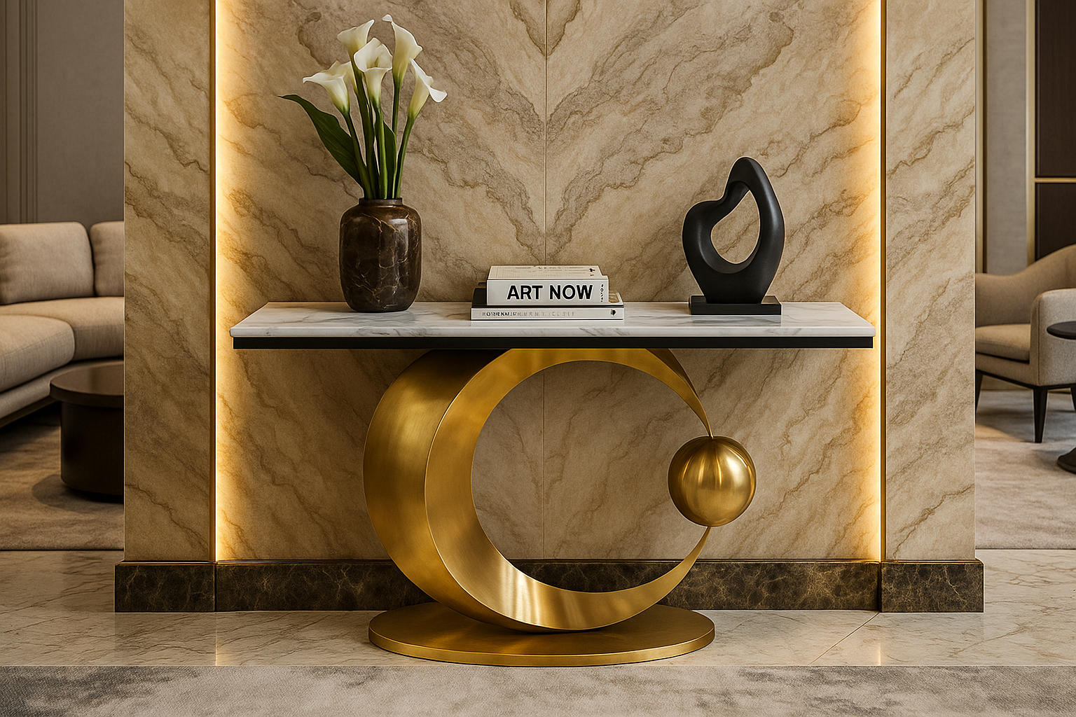 Decorative console table with gold base, marble top, and decorative items against a marble wall.