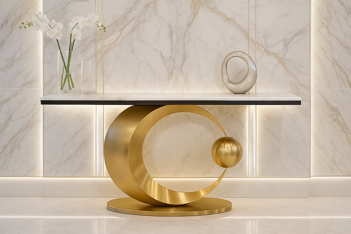 Modern console table with gold circular design against a marble wall.