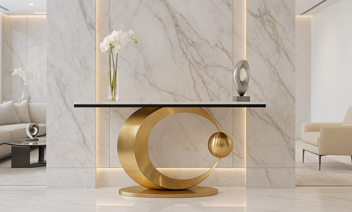 Modern gold side table with marble wall and interior decor