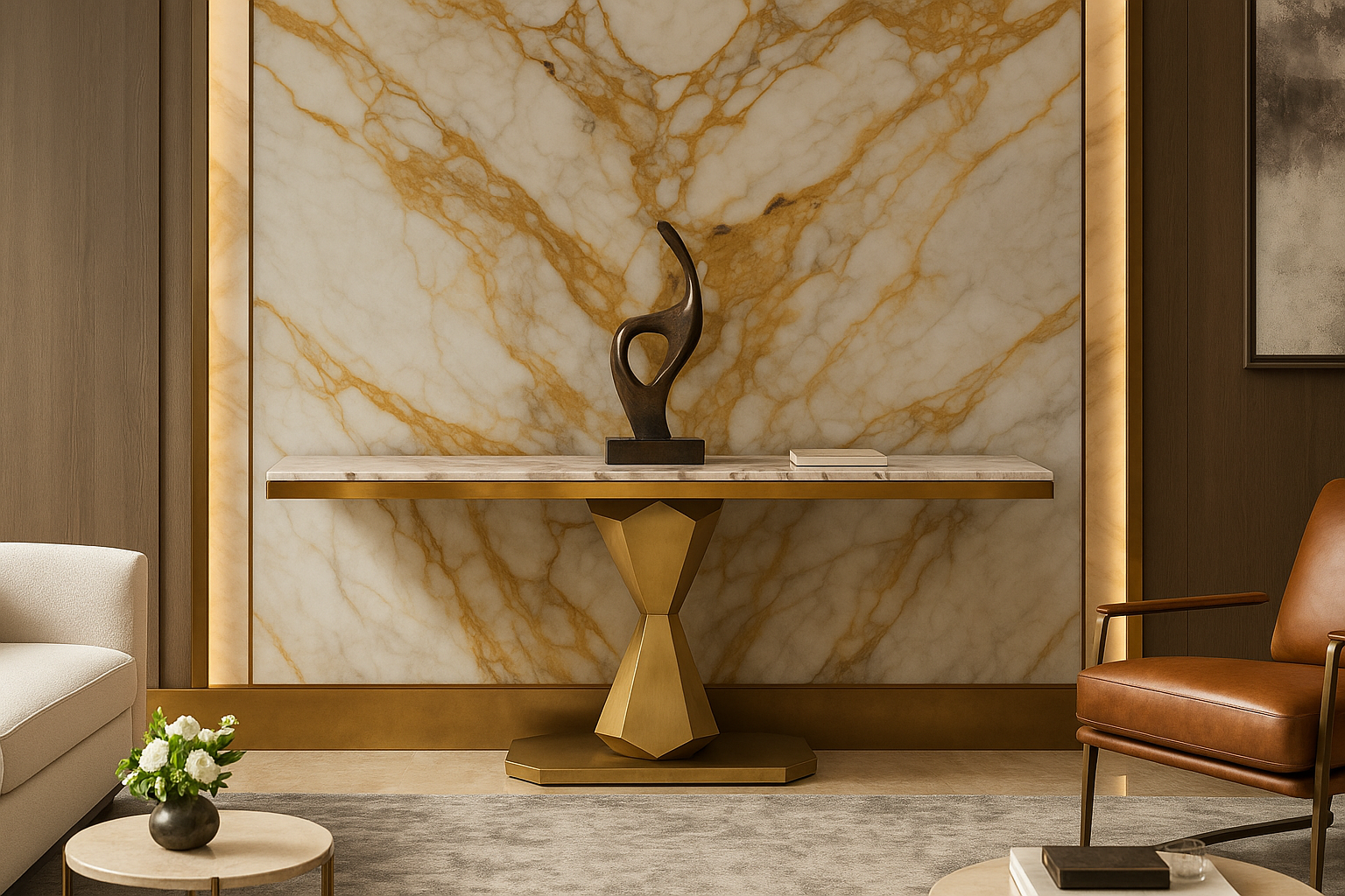 Decorative console table with a marble background in a stylish room.