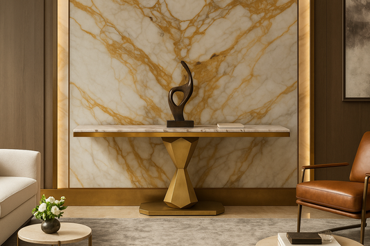 Decorative console table with a marble background in a stylish room.
