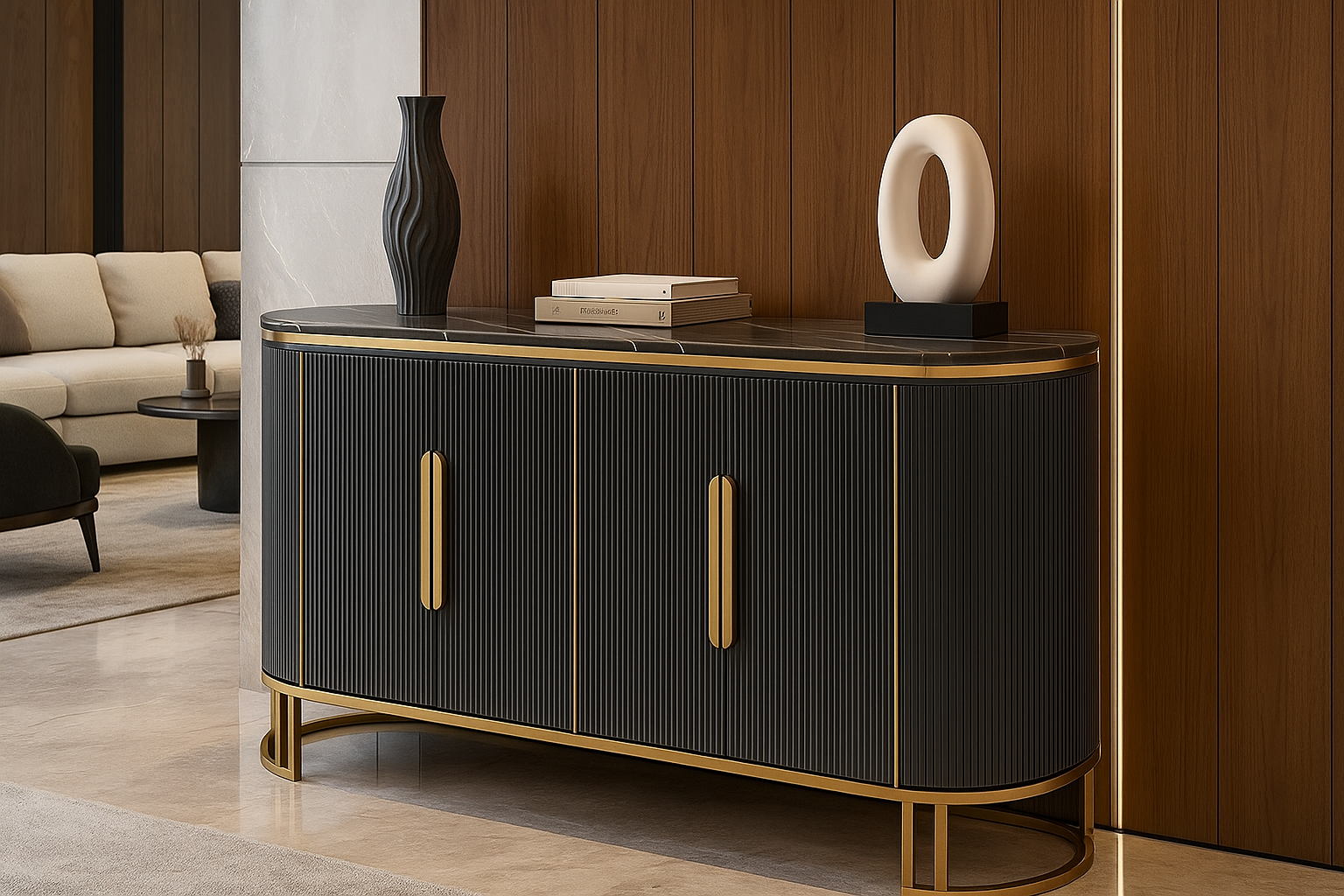 Modern black and gold sideboard in a living room setting with decor items.