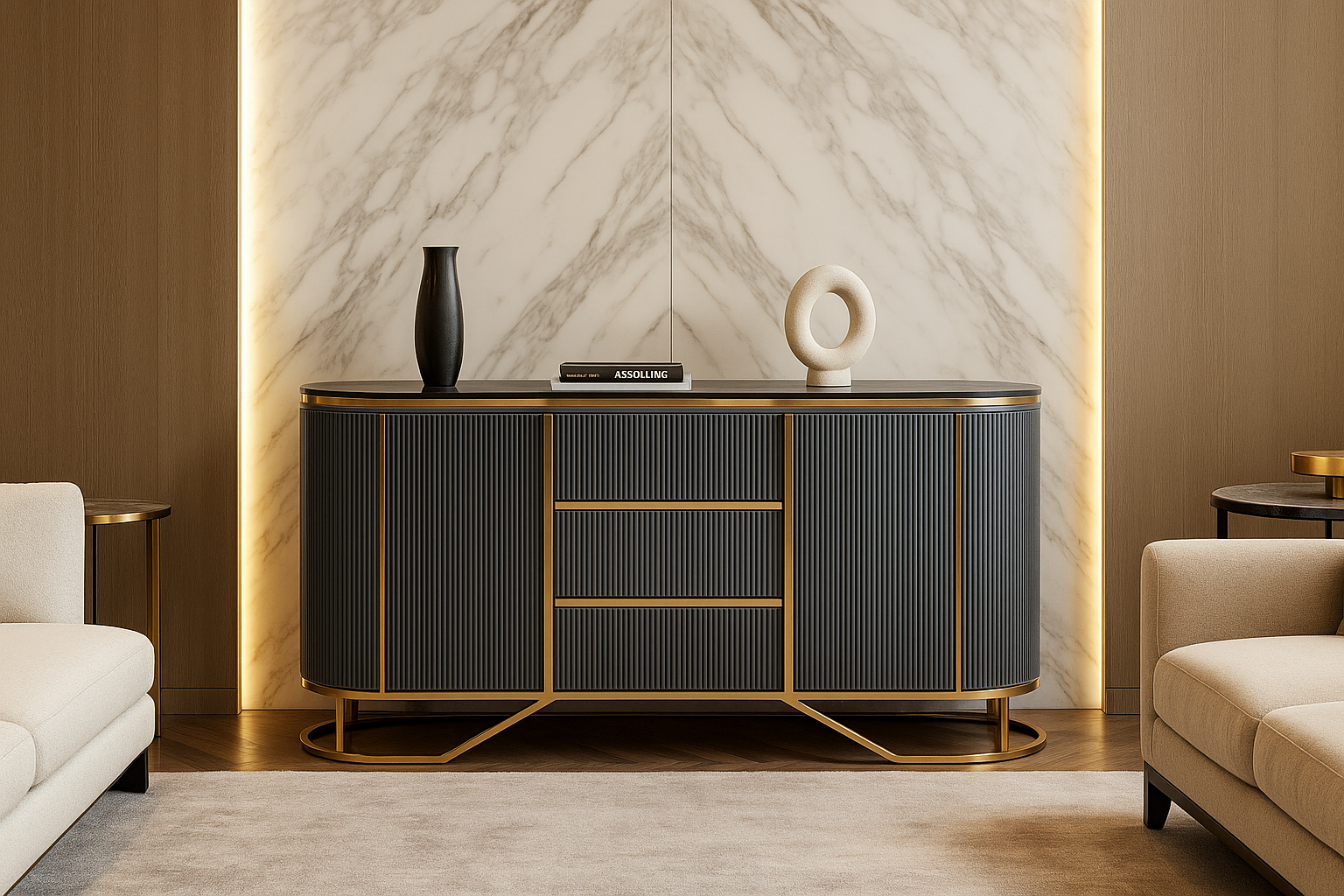 Modern black and gold sideboard in a stylish living room with marble wall.