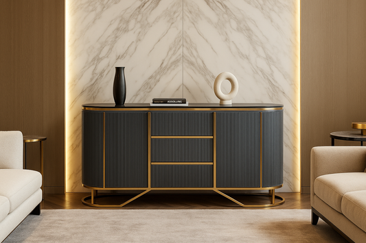 Modern black and gold sideboard in a stylish living room with marble wall.