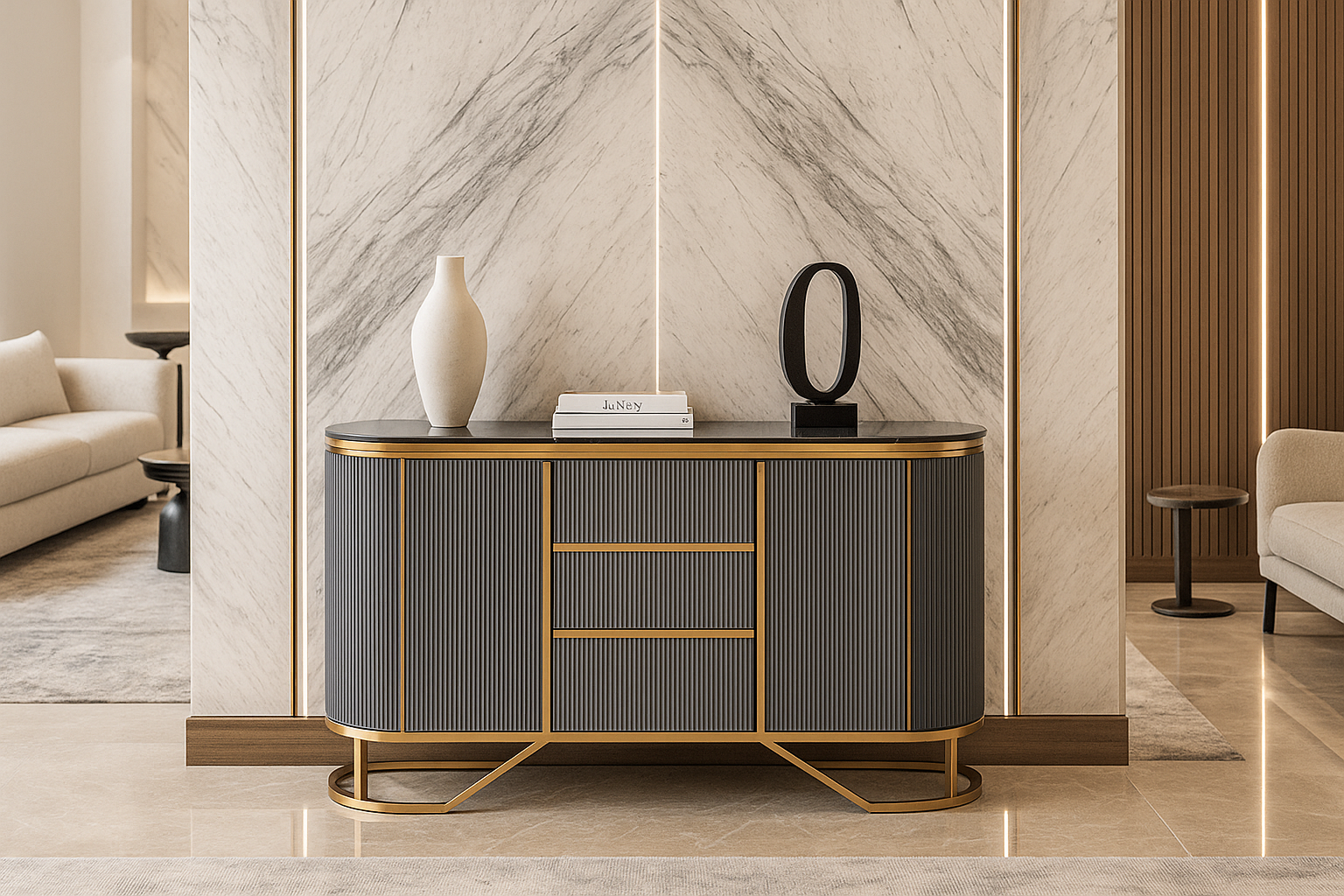 Modern sideboard with decorative items in a stylish living room.