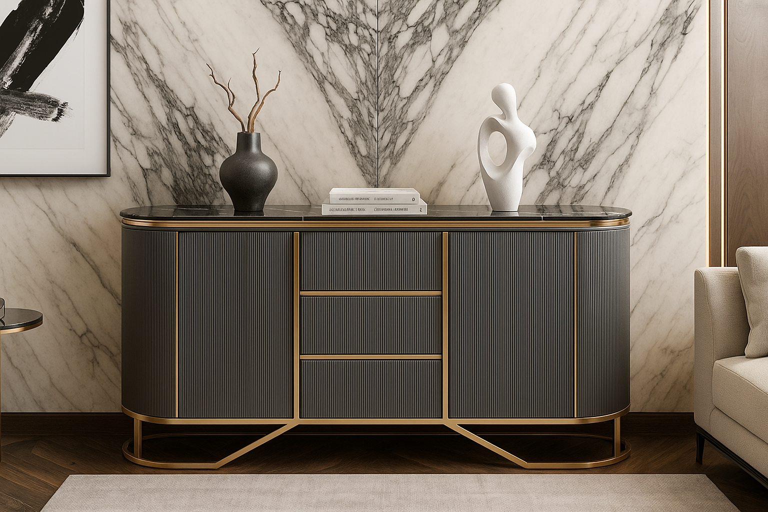 Modern dark gray sideboard with gold accents in a stylish room.