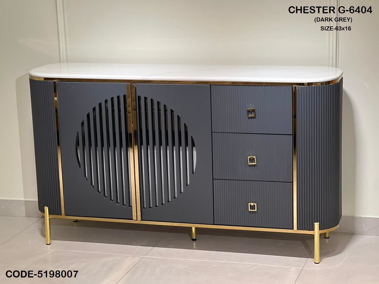 Modern sideboard with geometric design in dark grey and gold on a light background