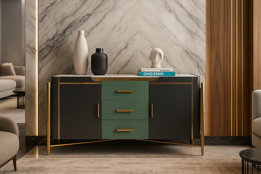 Modern sideboard with decorative items in a stylish living room setting