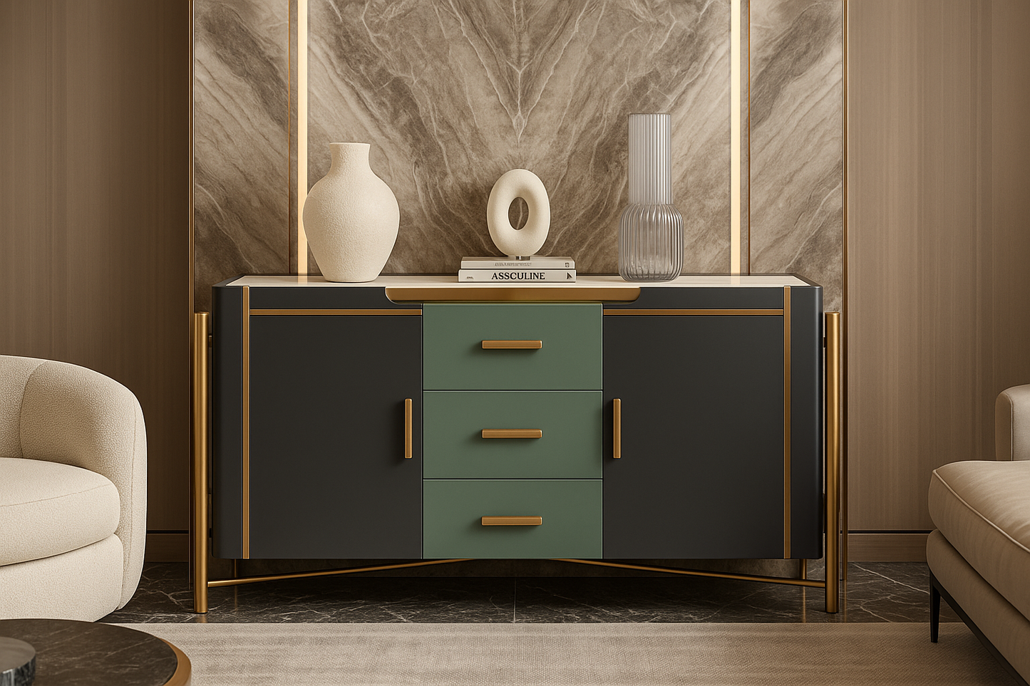 Modern sideboard with decorative items in a living room setting
