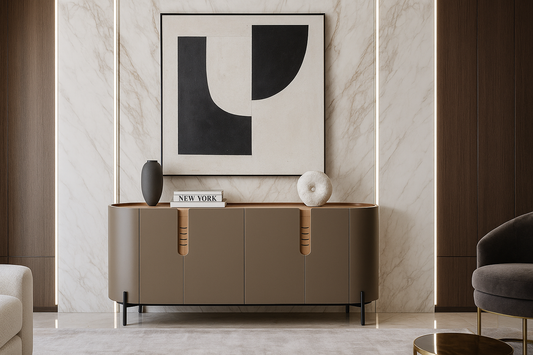 Modern interior with a beige sideboard, abstract art, and decorative items.