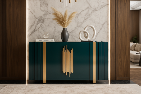 Modern green chester table with decorative items against a marble wall.