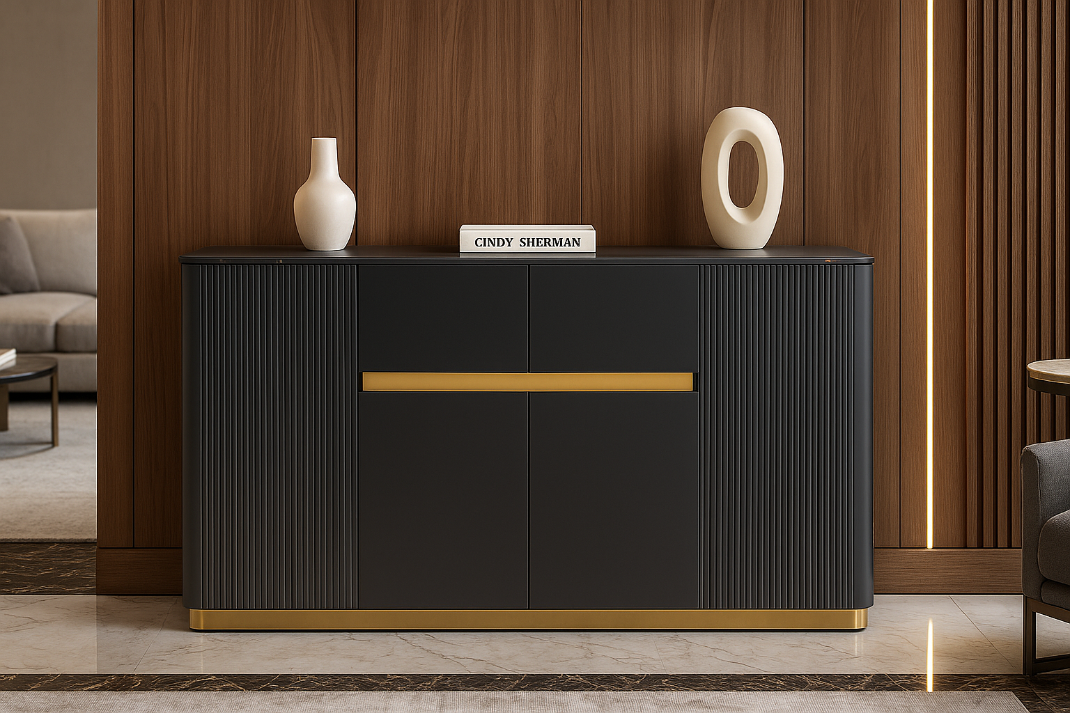 Modern black sideboard with gold accents in a stylish room.