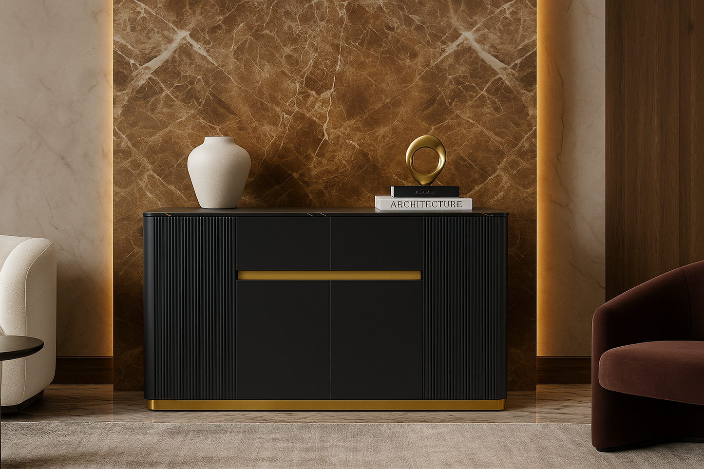 Modern black and gold chester table against a marble wall with decorative items.
