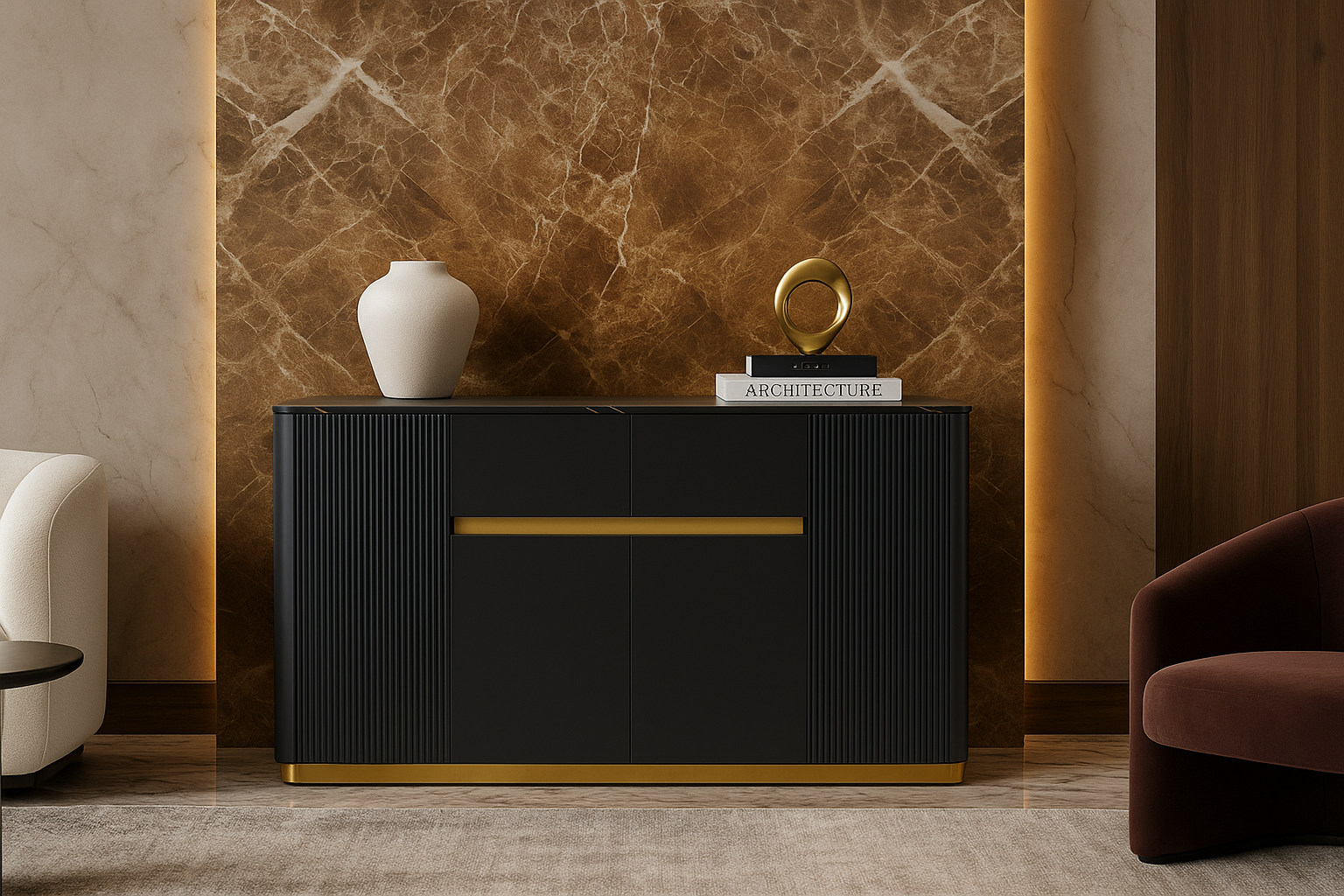Modern black and gold chester table against a marble wall with decorative items.
