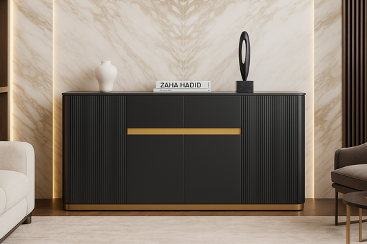 Modern black sideboard with gold accents in a stylish room.