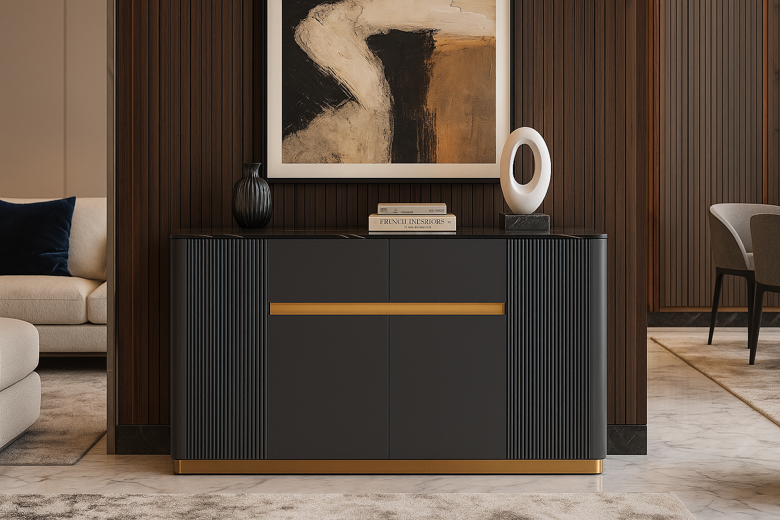 Modern black and gold sideboard in a living room setting with abstract art on the wall.