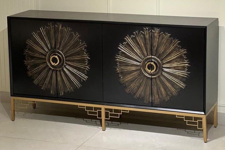 Decorative cabinet with artistic designs on a plain background