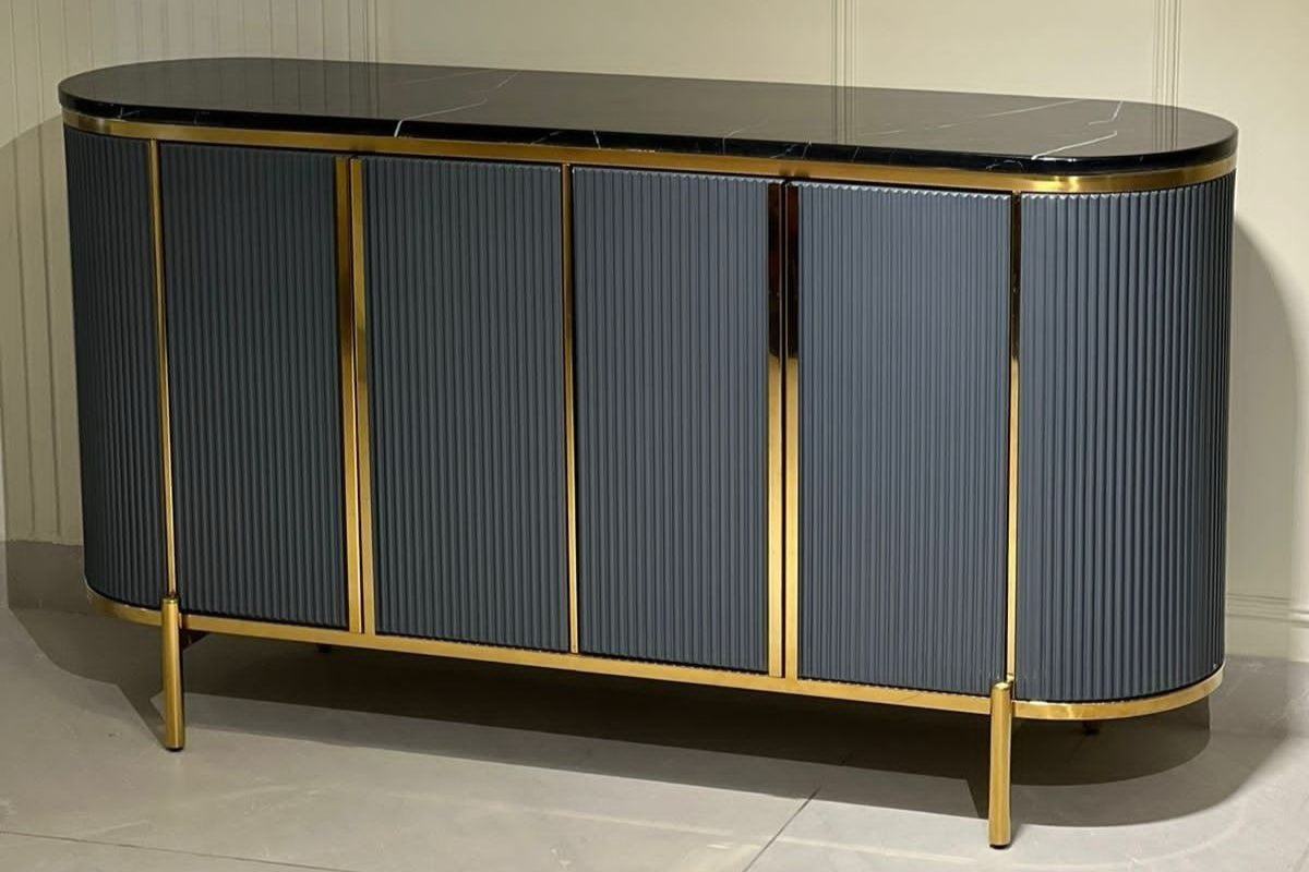 Modern grey sideboard with gold accents on a neutral background