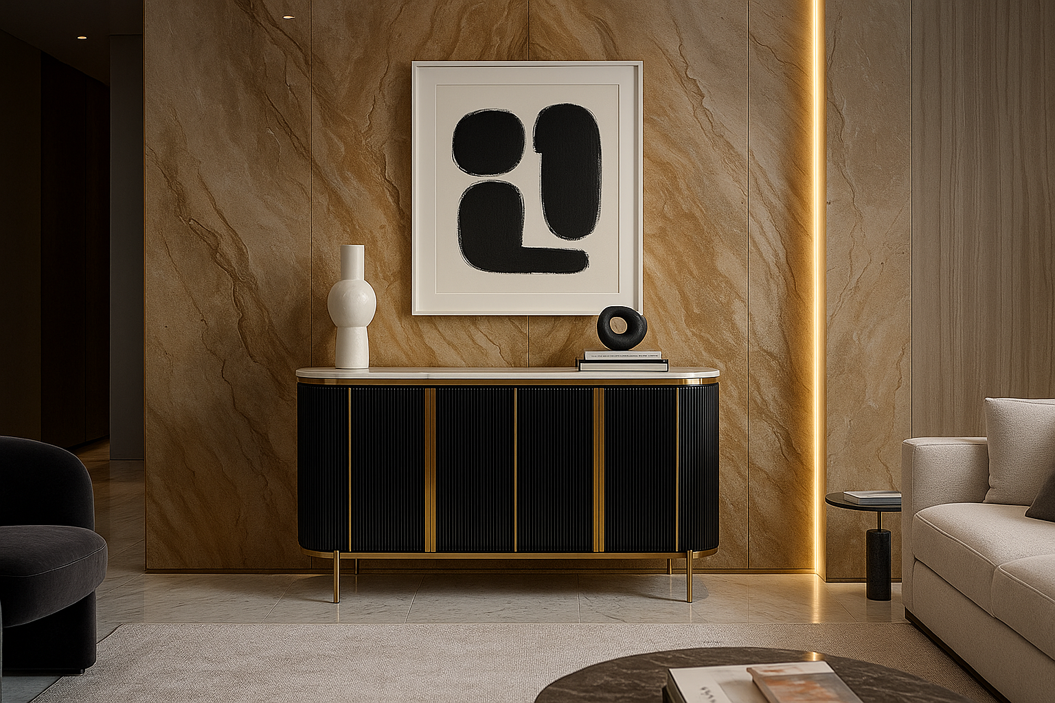 Luxury black and gold Vespera Blackline Chester with marble top and vertical fluted design