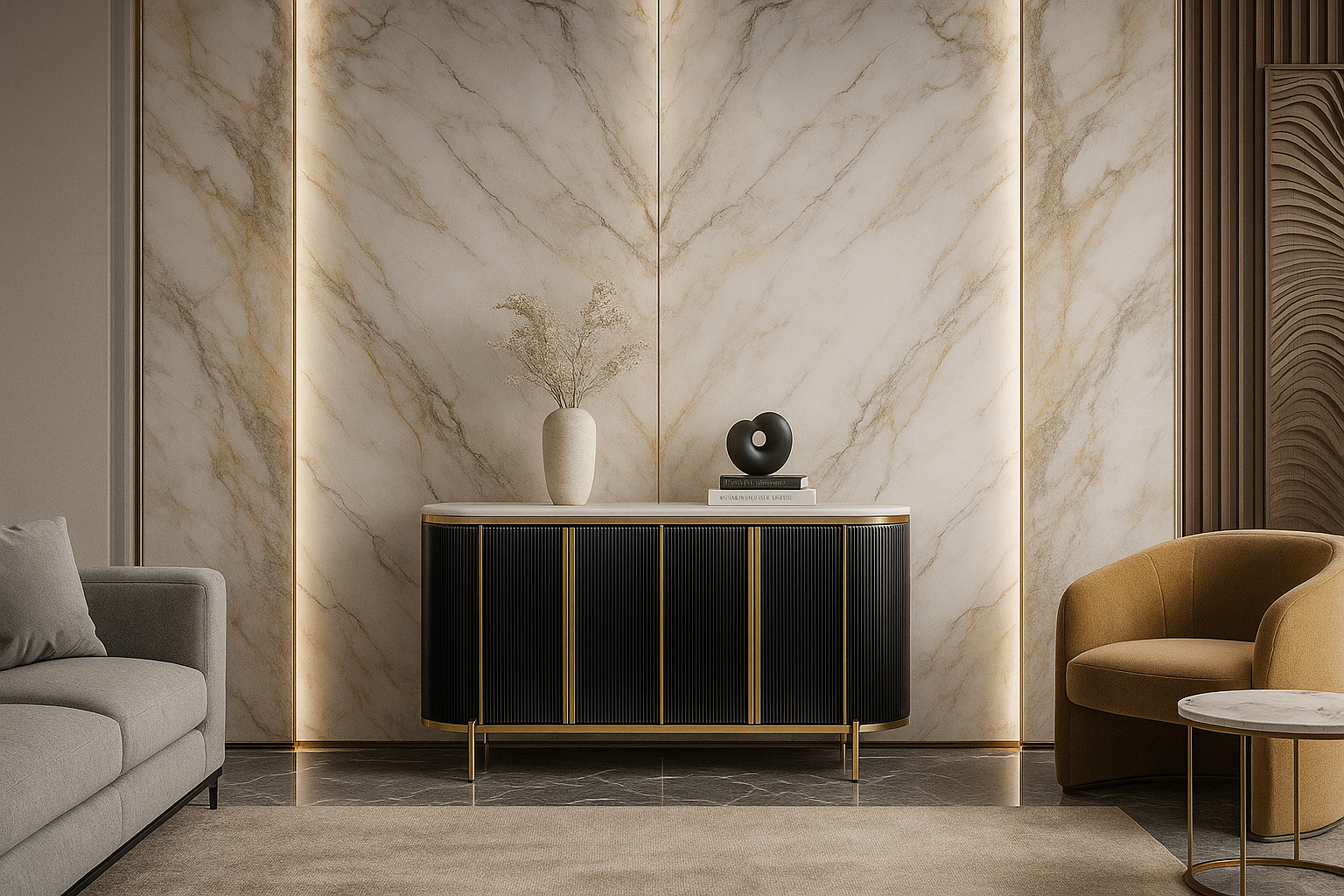 A black cabinet in a Modern living room with marble wall, and decorative items.